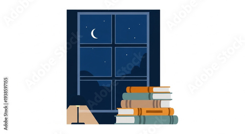 Stack of books next to a window at night.