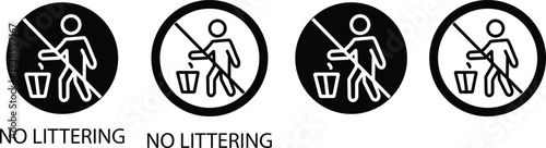 No littering icons set prohibition trash symbol with person throwing garbage in bin sign, forbidden waste rule pictogram for public places, environmental safety vector illustration collection group