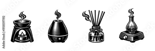 Set of aromatherapy diffuser illustrations in black and white vintage style