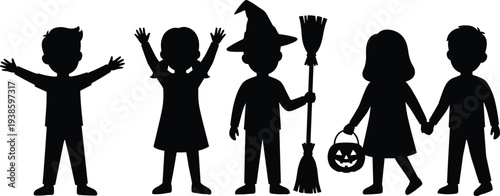 Halloween children silhouette costumes party, kids trick or treat, spooky celebration concept, black vector illustration, festive holiday scene