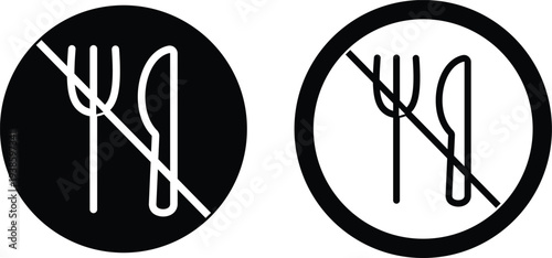 No food icons set prohibition meal symbol with fork spoon plate sign, forbidden eating rule pictogram for public places, restaurant safety notice vector illustration collection group