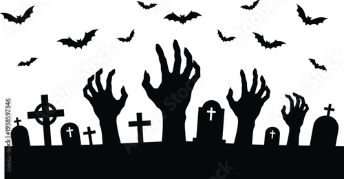 Halloween graveyard silhouette with zombie hands bats and crosses showing spooky horror scene isolated on white background illustration