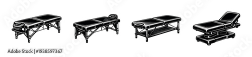 Vector illustration set of massage tables in black and white silhouette style