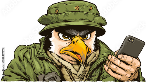 A stern-faced bird-person, in military garb and a green hat, holds a phone, staring forward