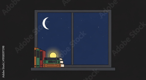 Stack of books illuminated by a small lamp on a windowsill.