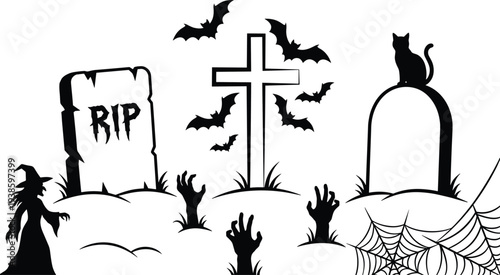 Halloween graveyard silhouette, spooky scene, haunted tombstones, witch figure, zombie hands, flying bats, ghost presence, eerie vector, RIP design, horror theme