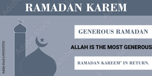 Ramadan Kareem Mosque Silhouette Generous Allah Islamic Greeting. Ramadan Kareem greeting with a mosque silhouette and text about Allah's generosity. Ideal for Islamic cultural and religious themes.