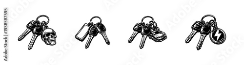 Black and white vector illustration of car keychains with decorative charms