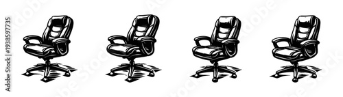 Black and white vector illustration of office chair set in silhouette style