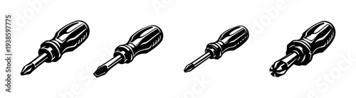 Black and white vector set of screwdrivers silhouette illustration for tools and hardware