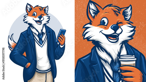 Two illustrated foxes in suits, one holding a phone and one with coffee