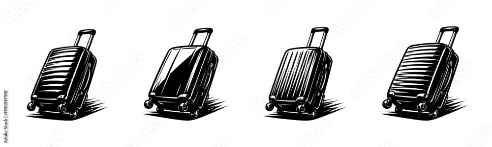 © 11ua - Set of black and white vector suitcase illustrations in retro style with luggage element