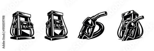 Black and white gas pump and nozzle vector illustration set