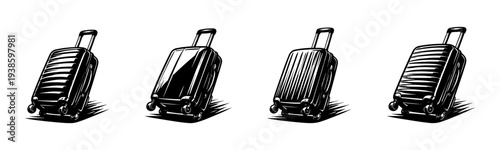 Set of black and white vector suitcase illustrations in retro style with luggage element