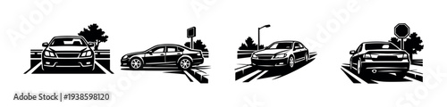 Vector illustrations of cars in urban street scenes black and white silhouettes