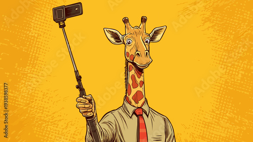A cartoon giraffe with human attire taking a selfie with a smartphone attached to a selfie stick