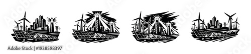 Renewable energy cityscape vector with solar panels and wind turbines silhouette