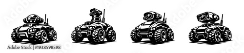 Set of four cartoon robot vehicles in black and white silhouette style