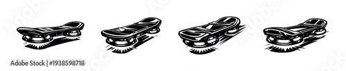 Black and white vector illustration of futuristic hoverboards in silhouette style