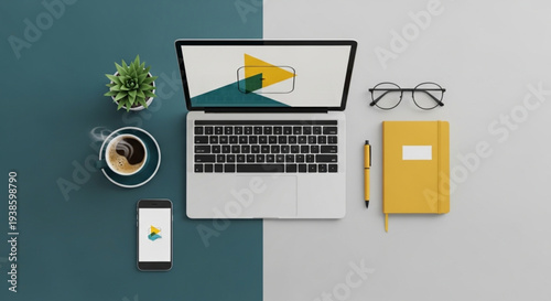 Modern Workspace Setup with Laptop Coffee and Notebook.