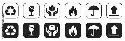 Packaging Handling Symbols Set, collection of fragile flammable recycle keep dry this side up handle with care signs, warehouse labeling vector