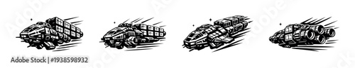 Black and white vector illustration of futuristic spaceship set