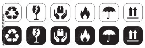 Packaging Handling Symbols Set, shipping and logistics icons including fragile flammable recycle keep dry handle with care, vector illustration for cartons