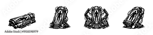 Futuristic cryogenic pods black and white vector illustration set