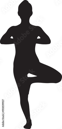 Female yoga pose silhouette standing on one leg with hands by chest woman black