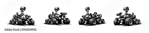 Set of vector silhouette illustrations of mars rovers in black and white style