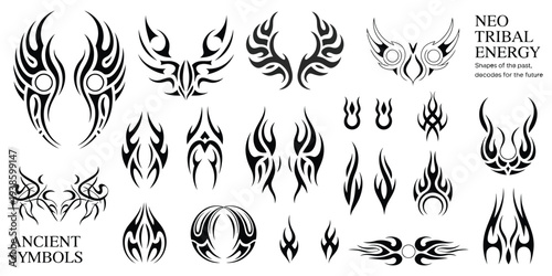 Y2K Cyber Gothic Tribal Frame Set Vector Illustration, Abstract Neo Tribal Shapes with Ornamental Tattoo Elements for Metal Streetwear Graphics, Album Covers, Poster Design, and Dark Aesthetic Layouts