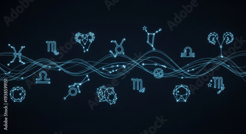 Zodiac Constellations and Astrological Symbols on a Digital Wave Background.