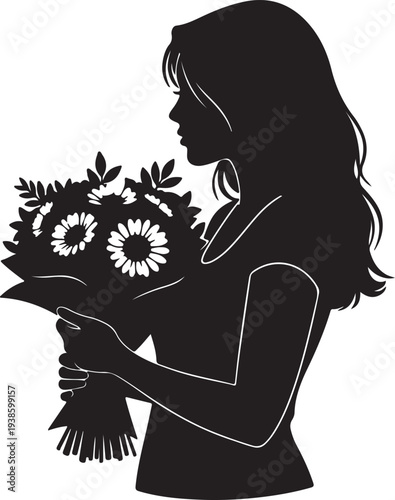 Woman holding flower bouquet in black silhouette white background