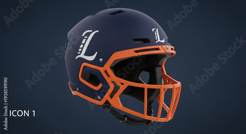 Dark Blue Football Helmet with Orange Face Mask and L Logo.