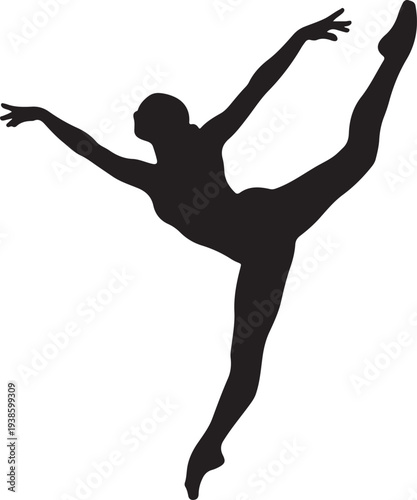 Female dancer in dynamic pose with one leg raised silhouette black white background