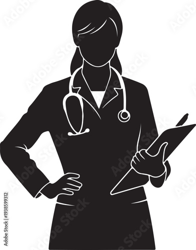 Female doctor with stethoscope and clipboard in black silhouette on white background