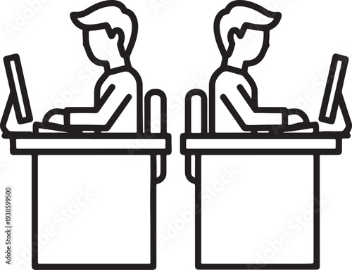 Two men sitting at desks with laptops in silhouette black and teamwork leadership outline
