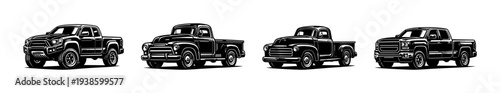 Vintage and modern pickup trucks silhouette set in black and white vector illustration
