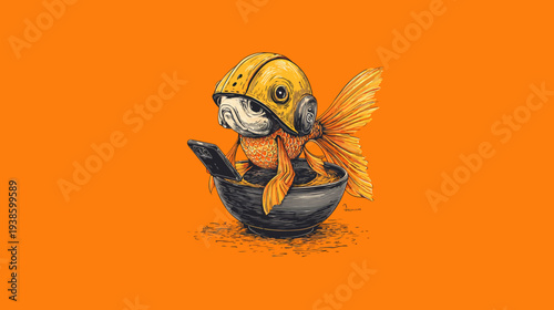 An illustration features an orange goldfish wearing a yellow helmet, sitting in a black bowl on an orange background