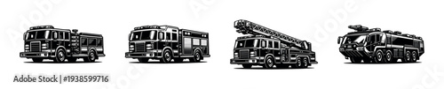 Set of vector fire trucks, emergency vehicles in black and white silhouette style