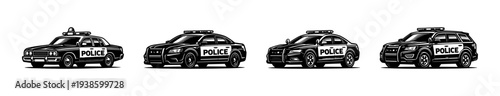 Set of black and white vector illustrations of police vehicles silhouettes