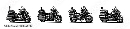 Set of four vector silhouette motorcycles for police fire rescue and emergency services