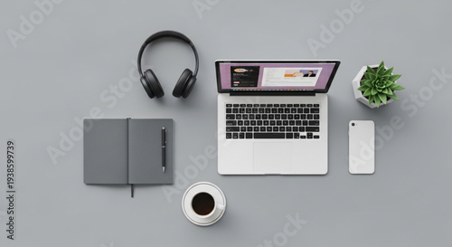 Modern Desk Setup with Laptop Headphones and Coffee.