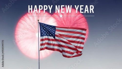 Happy New Year celebration with American flag and fireworks