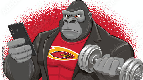 A cartoon gorilla in a suit with a red shirt, holding a dumbbell and a phone