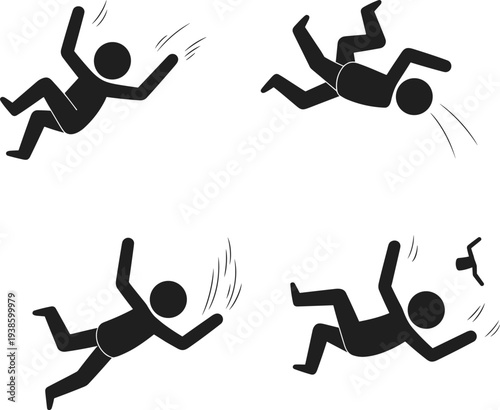 Set of falling person stick figure icons, man tumbling down, accident risk, slip and fall injury, workplace safety, motion vector.