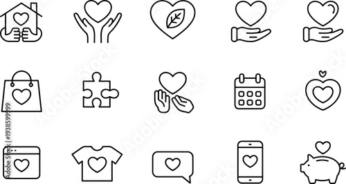 Set of charity and donation line icons featuring hearts, hands, community support, nonprofit volunteering, kindness symbols, and philanthropic giving concepts for web design.