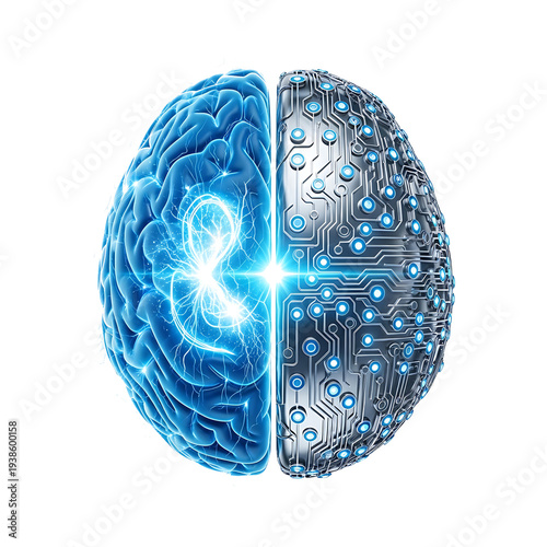 Artificial intelligence concept showing half human brain and cybernetic circuit board isolated on transparent background