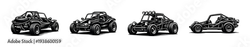 Vintage off-road vehicle silhouette set, black and white illustrations