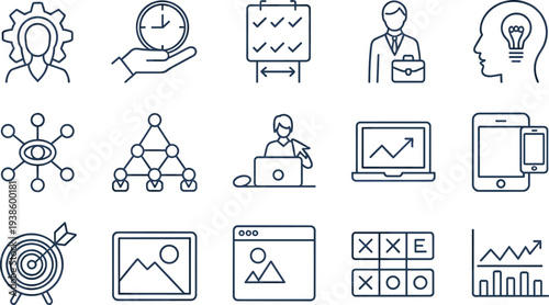 Business management and strategy line icons featuring time management, goal achievement, teamwork hierarchy, data analysis, creative thinking, and digital marketing.